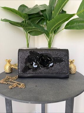Aldo Black Glitter Sequin Floral Chain Clutch